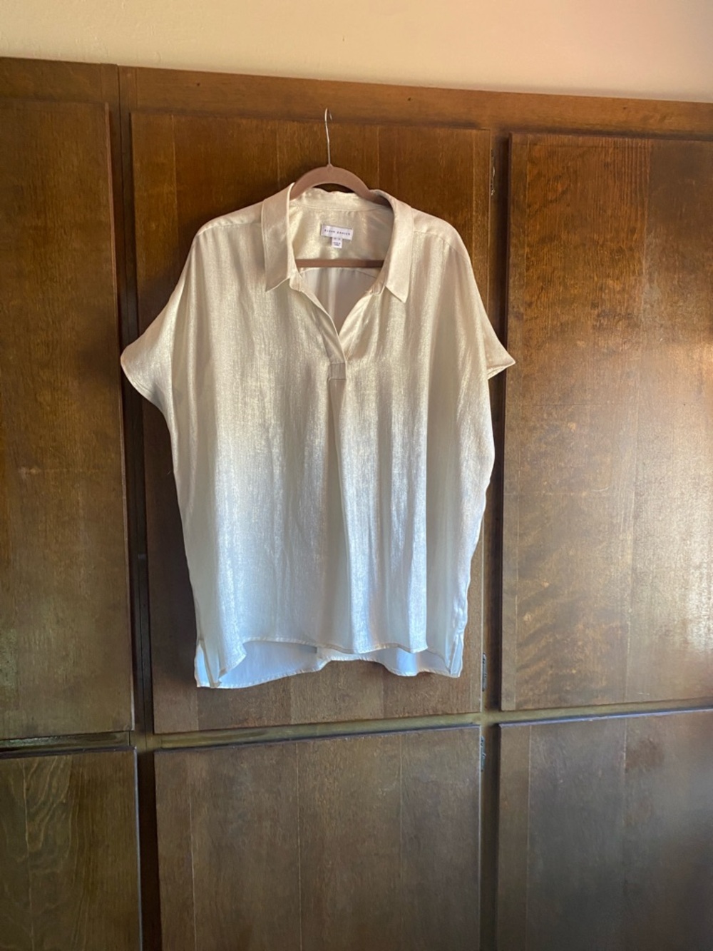 Susan Graver Foiled Woven Pullover Henley Top in soft gold